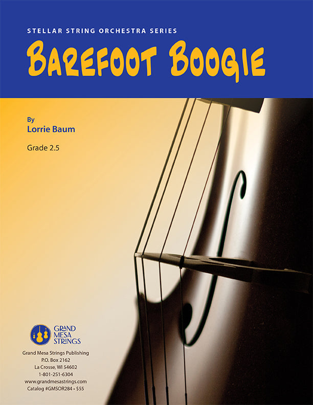 Strings sheet music cover of Barefoot Boogie, composed by Lorrie Baum.