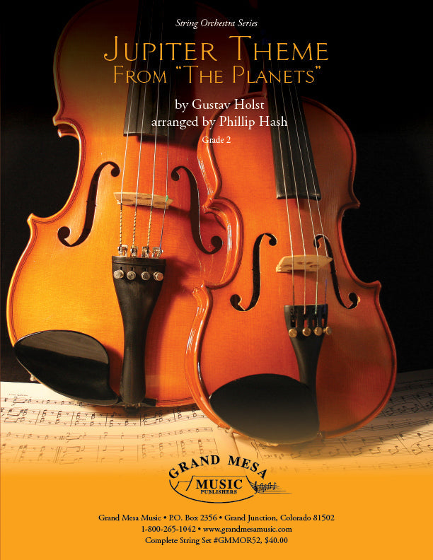 Strings sheet music cover of Jupiter Theme from "The Planets", composed by Gustav Holst, arranged by Phillip M. Hash.