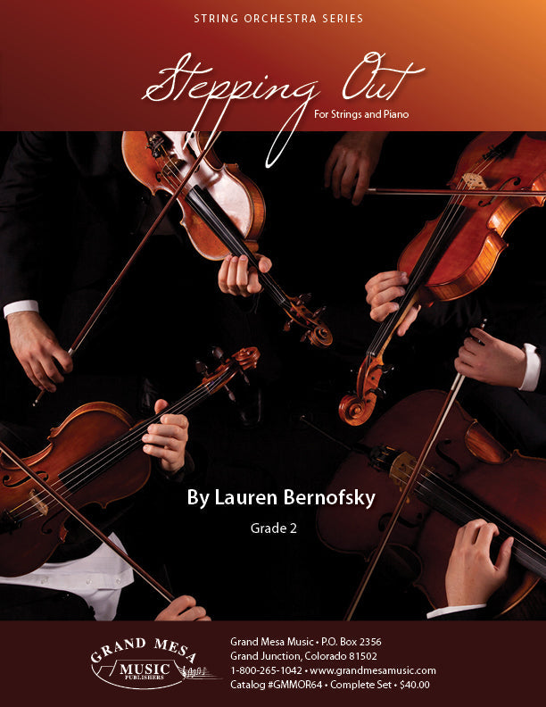 Strings sheet music cover of Stepping Out, composed by Lauren Bernofsky.