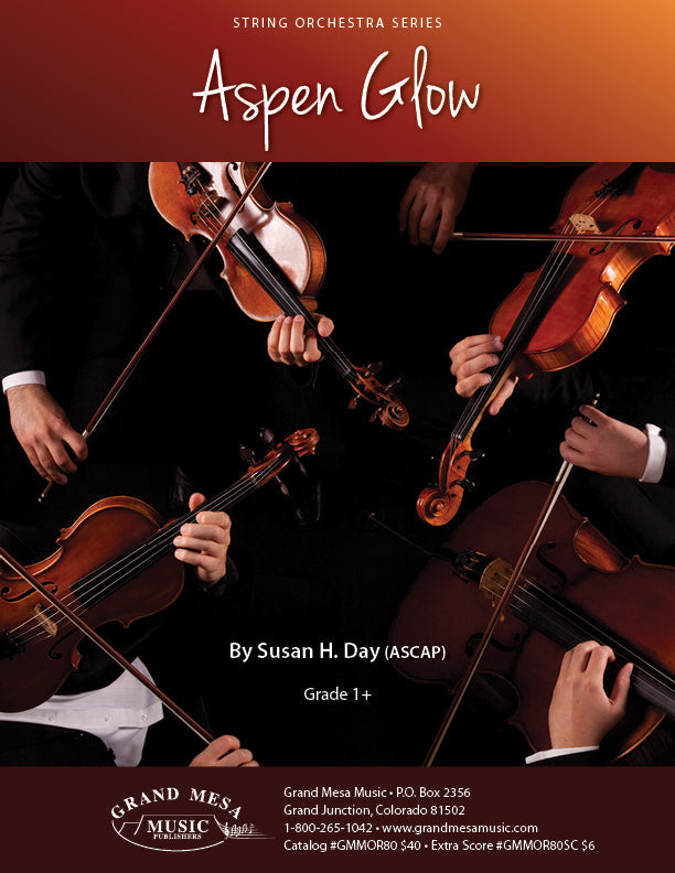 Strings sheet music cover of Aspen Glow, composed by Susan Day.