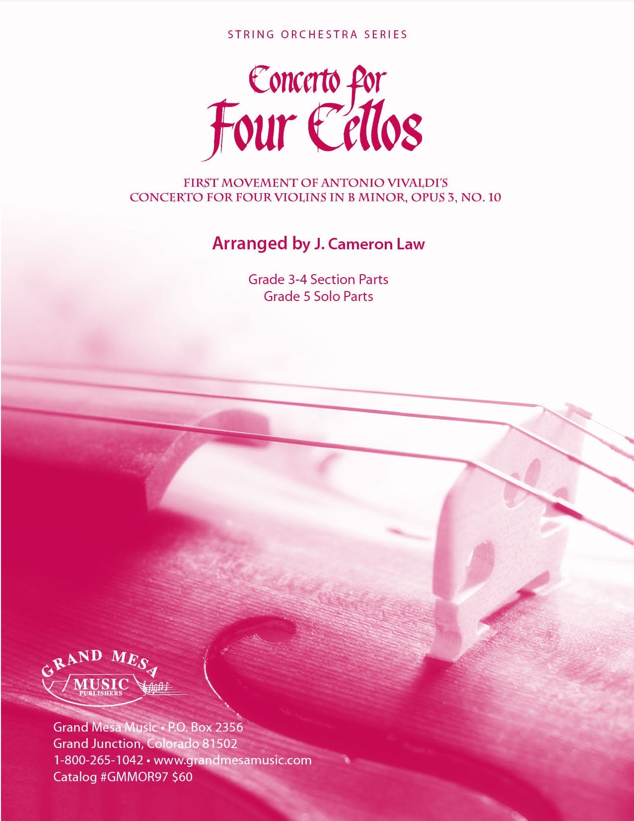 Strings sheet music cover of Concerto for Four Cellos, composed by Antonio Vivaldi, arranged by J. Cameron Law.