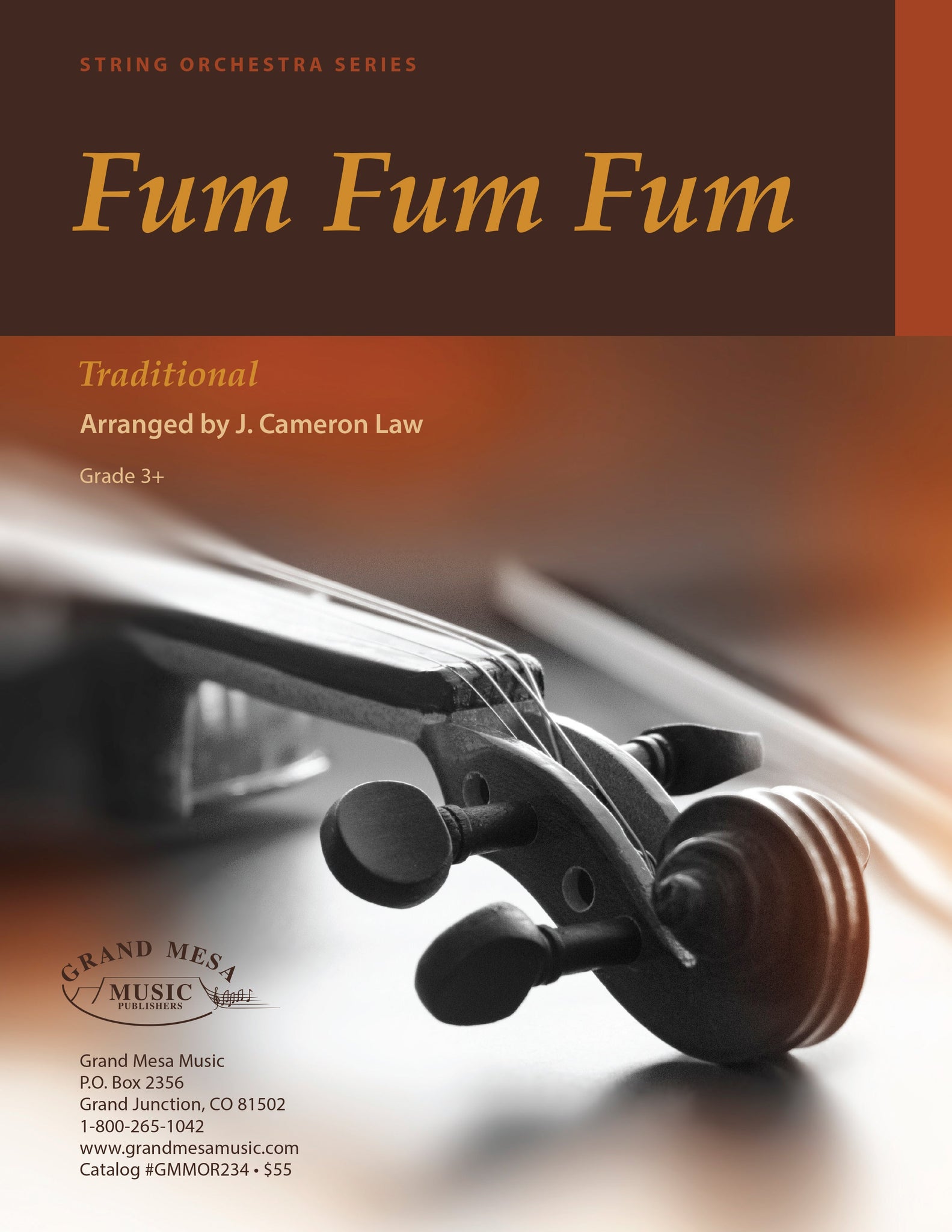 Strings sheet music cover of Fum Fum Fum, arranged by J. Cameron Law.