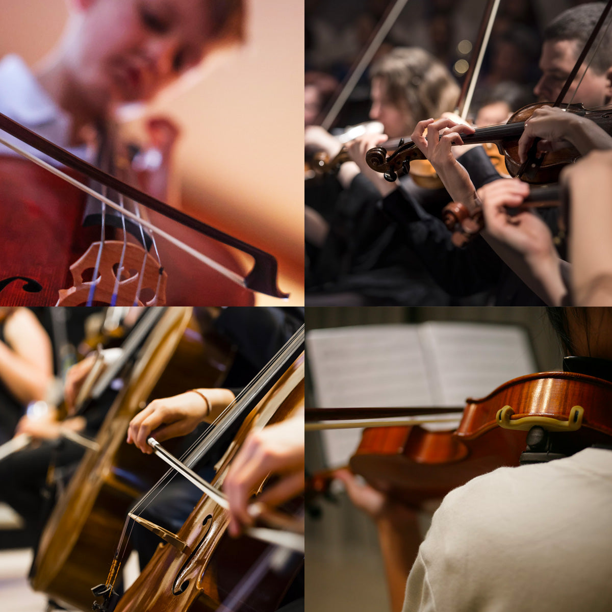 Collage of violin, cello and orchestra players.