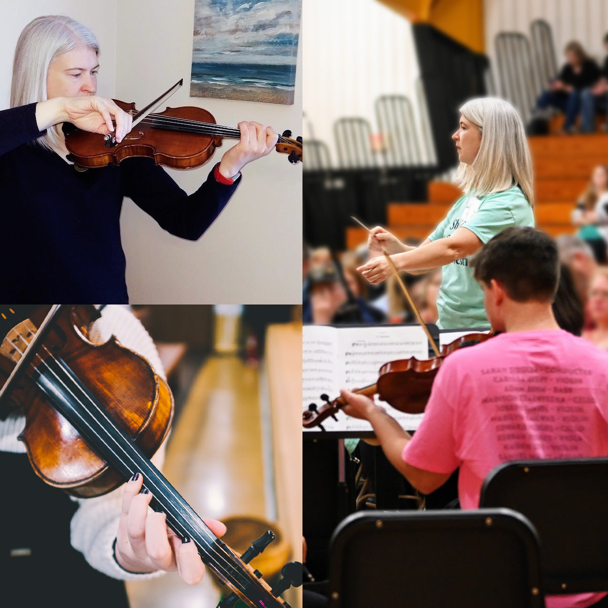 Collage of photos of Sarah Siegler, composer, string orchestra teacher, and owner of Grand Mesa Strings playing the violin and of conducting. Plus a close-up of a violin being played.