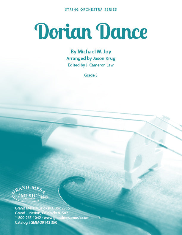 Strings sheet music cover of Dorian Dance, composed by Michael Joy, arranged by Jason Krug.