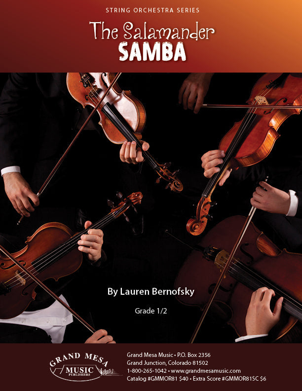 Strings sheet music cover of Salamander Samba, composed by Lauren Bernofsky.