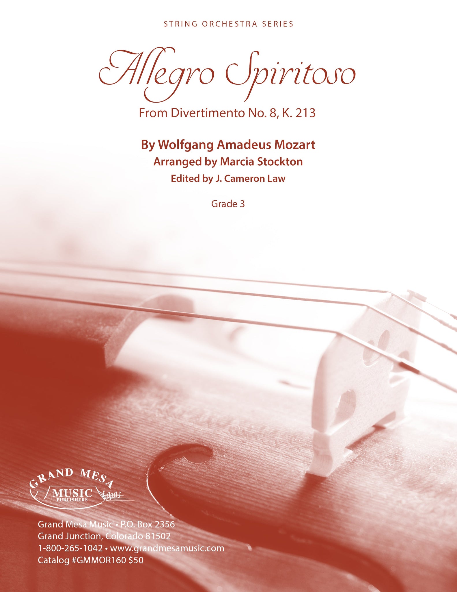 Strings sheet music cover of Allegro Spiritoso, composed by W.A. Mozart, arranged by Marcia Stockton.