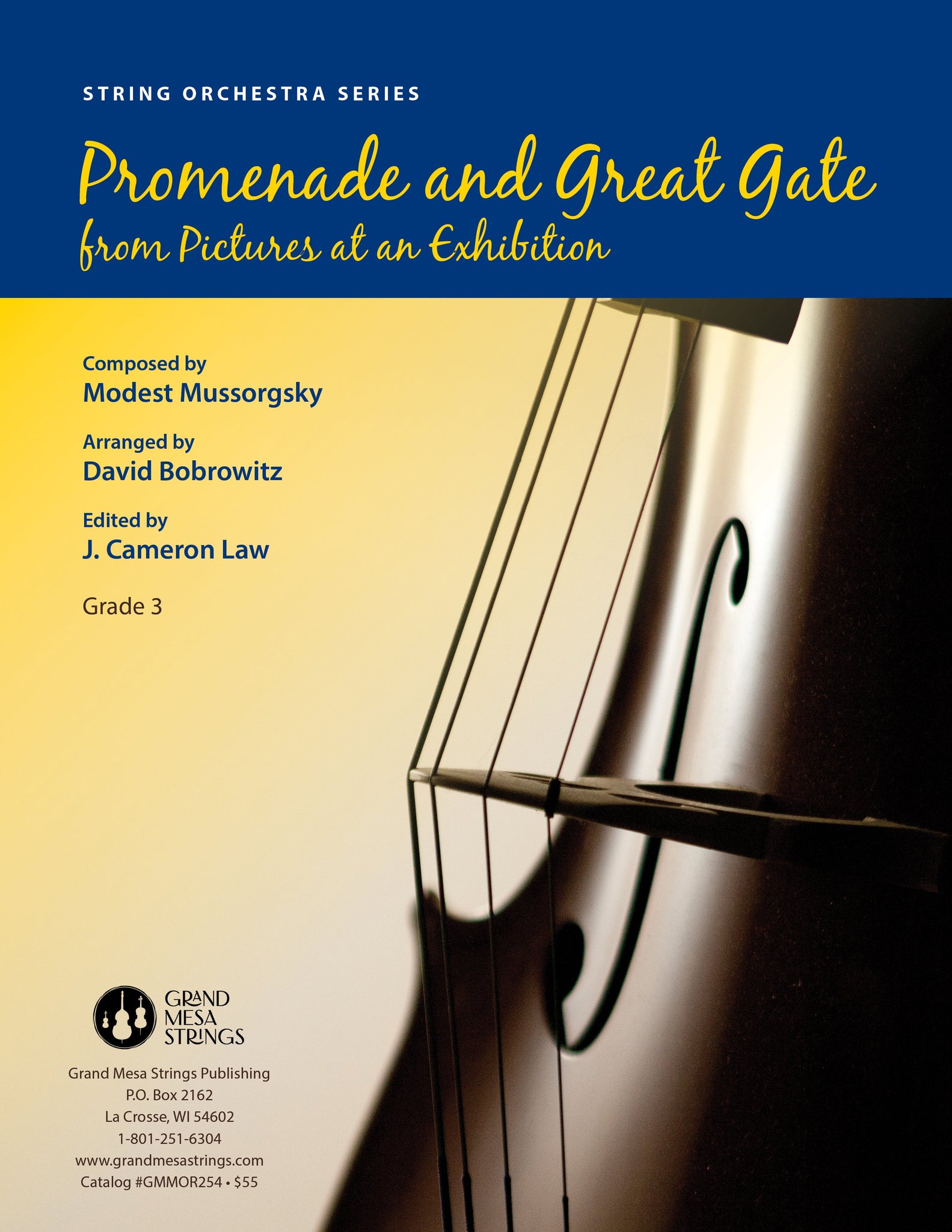 Strings sheet music cover of Promenade and Great Gate from Pictures at an Exhibition, composed by Modest Mussorgsky, arranged by David Bobrowitz.